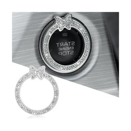 Sandfren Bling Car Engine Start Ring Sticker, Rhinestone Butterfly Vehicle Push Start Button Decal, Diamond Key Ignition Knob Emblem Decoration, Universal Automotive Interior Accessories (White)
