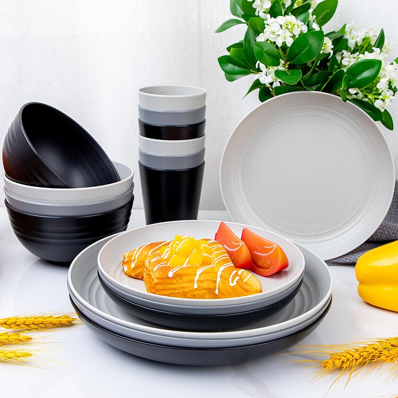 Rubtlamp 24Pcs Kitchen Plastic Wheat Straw Dinnerware Set,Dinnerware Sets for