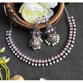 Efulgenz Indian Jewelry Sets for Women Square Pink Crystal Stone Necklace Sets with Floral Faux Pearl Drop Jhumka Jhumki Dangle Earrings Choker Necklace Earrings Set Bohemian Jewelry Set for Women,
