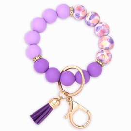 BAOSIWA Silicone Beaded Keychain Wristlet Key Ring Bracelet Cute Purple Car Key Chain Holder for Women Girls