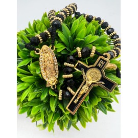 Bead Rosary Necklace with Crucifix and Our Lady of Guadalupe Medal Black Beads Catholic Prayer Rosaries Necklaces Jewelry Gifts Box