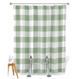 Qiaullityot Split Shower Curtain for Transfer Bench, Sage Green Checkered Waterproof Shower Curtains, Farmhouse Plaid Washable Shower Curtain, Green White Buffalo Fabric Bathroom Curtains Set 72"x72"