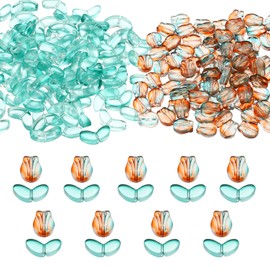 PATIKIL Tulip Flower Crystal Glass Beads, 200 Pack Texture Flower Bead Handcrafted Glass Spacer Bead for Jewelry Making Bracelet Earring, Brown/Green