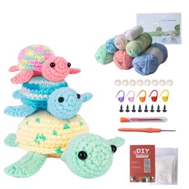 Crochet Kit for Beginners - 3 Turtles Family Crochet Animals Kit with Yarn, Step-by-Step Video Tutorials, Knitting Kit for Adults Kids, Crochet Decoration Supplies DIY Craft Gift for Birthday Party