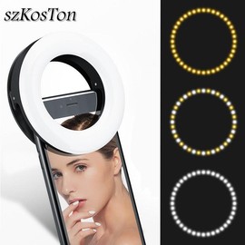 Rechargeable Clip-on LED Selfie Ring Light Flash For Smartphone 3 Mode Dimmable Fill Lamp For Youtube Makeup Video Photo - Ships From: China, Color: Rechargeable White