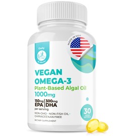 Vegan Omega 3 DHA  EPA Supplement - Algae Omega-3 Fatty Acids 1000mg - Fish Oil Alternative for Heart, Brain, Joint, and Immune System Support (60... 