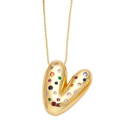 VCCKNB JEWELRY Bubble Letter Necklace, 14K Gold Plated, Multicolor Cubic Zirconia, Women's Unisex Initial Pendant Necklace, 50cm Chain, Whimsical Style, Heart Theme