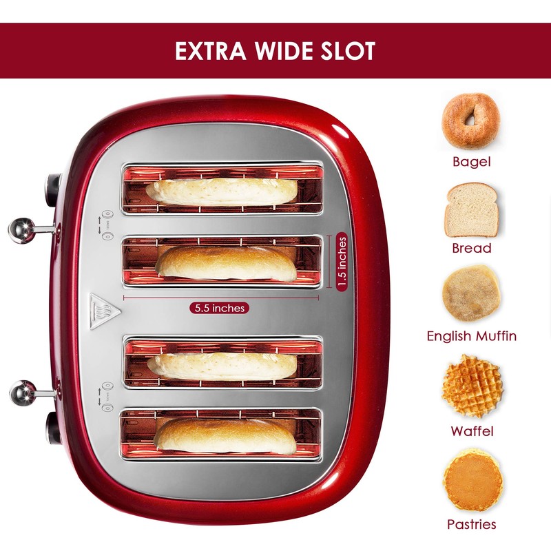 Roter Mond 4 Slice Toaster Retro Stainless Steel with Bagel