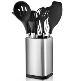 BEWOS Stainless Steel Utensil Holder,Kitchen Utensil Crocks For Organizing Cookware,Modern Silver Look, 6.7'' Large Cooking Utensil Caddy,Dishwasher Safe
