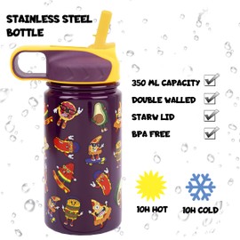 Fringoo - Cool Kids Water Bottle with Straw- Short BPA Free Water Bottles - Insulated Water Bottle - Stainless Steel Water Bottle - Kids Water Bottles - Reusable Water Bottle - 350 ml
