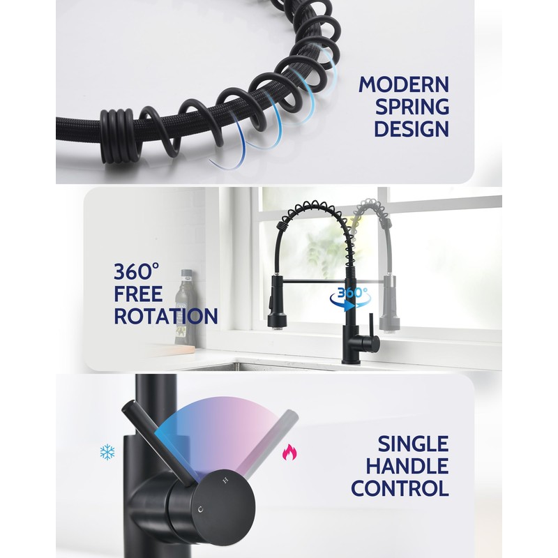 LUFEIDRA Black Kitchen Faucet with Sprayer LED Light, High Arc