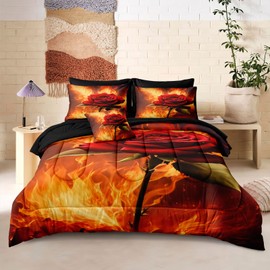 Chumerry Fire Rose Comforter Set Gothic Bedding Set Full Size Red Rose Floral Orange Fire Aesthetic Duvet Romantic Theme Extra Cozy All Season Bedding Comforters & Sets