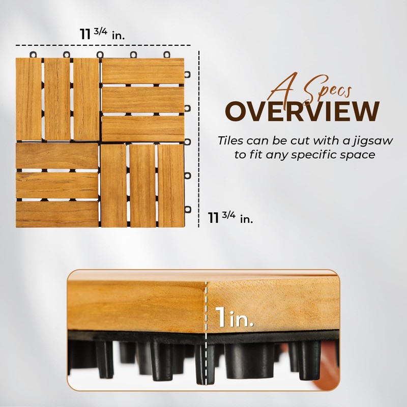 Idzo Set of 10 Premium Teak Deck Tiles, Snap-Lock Teak
