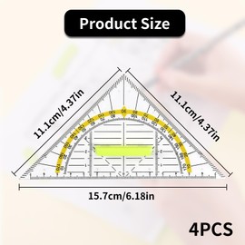 Set of 4 Geo Triangles, Set Square with Handle 16 cm, Set Square Small Flexible, Transparent Geo Triangle, Multifunctional, Ruler Protractor School for Circles Drawing, Geometry Set for Office