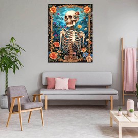 5D Skeleton Diamond Art Painting Kits for Adults Skull Diamond Art Kits for Adults Flowers Diamond Art Painting Kits for Beginners, Round Gem Art Crafts Kits for Home Wall Decor Gifts 12x16 in