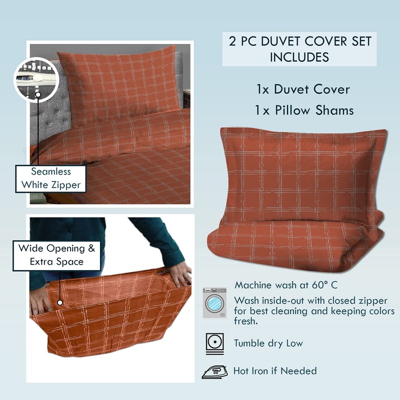 SWAYS Cotton Single Duvet-Cover-Sets Orange, Nordic Check-Design Bedding-Set with Smart