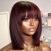 QTIKER Stylish Burgundy Bob Wig with Bang Layered Human Hair