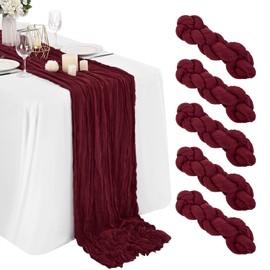 Lykoow 5 Packs Burgundy Cheesecloth Table Runner,10Ft x 35" Wine Red Rustic Gauze Boho Wedding Table Runner Decoration, Wedding Table Decor Table Cloth for Wedding Party Bridal Shower Table
