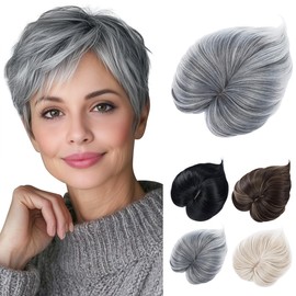 Yamel Hair Topper with Bangs 3 Clips Multi-Dimensional 7 Inches Short Synthetic Wiglets Natural Hairpieces for Thinning Hair Dark Grey