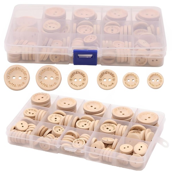 140Pcs Wooden Buttons, Buttons for Cardigans, Handmade with Love Buttons, Buttons for Knitting,Wooden Buttons for Cardigans,Natural Wood Button 2 Holes for DIY Sewing Craft Decorations(15mm,20mm,25mm)