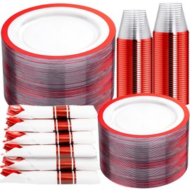 I00000 350 Pcs Clear and Red Plastic Plates, Disposable Dinnerware Set, Include 50 Dinner Plates 10.25'', 50 Dessert Plates 7.5'', 50 Red Rim Cups 9 OZ, 50 Per Rolled Napkins with Plastic Cutlery