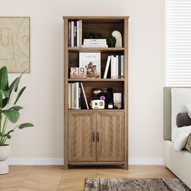 Farmhouse Bookshelf With Storage,70.87''Tall Modern 5-Tiers Storage Bookcase With Adjustable Shelves&Doors,Wooden Bookshelf Display Cabinet Set for Living Room/Bedroom/Home/Office/Libary(Walnut)