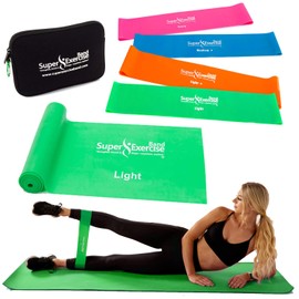 Super Exercise Band 14” x 3” Long Light Strength Mini Loop Bands and Green Flat Band Set. Latex Free Resistance Bands for Physical Therapy, Pilates, Stretch, Yoga, Strength Training Workouts.