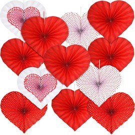 WILLBOND 12 Pieces Valentines Heart Shaped Hanging Fans Red Heart Fans Hanging Paper Fans for Wedding Anniversary Bridal Shower Decoration