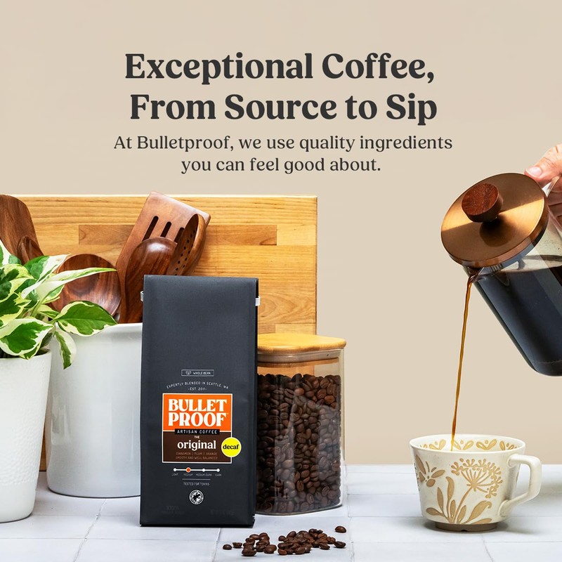 Bulletproof Original Medium Roast Whole Bean Decaf Coffee, 12 Ounces