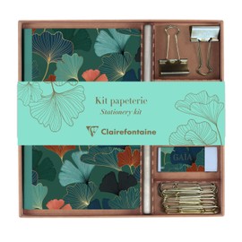 Clairefontaine 116247C - Un Kit de Papeterie Contenant un Carnet 11 x 17 cm 64 Pages Lignées, un Crayon de Paper, 2 Pinces Doubles Clip, 10 Trombones et une Gomme - Collection Gaïa Blue