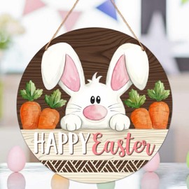 Gsauto Easter Door Decorations, Happy Easter Welcome Sign for Front Door Porch Wall Outdoor Indoor Decor, Bunny Carrot Wooden Hanger for Spring Holiday Home Party Supplies - C02