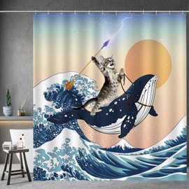 Aimego Long Funny Shower Curtain - Cute Cat Riding Shark in Ocean Wave, Whale Cat Fabric Cloth Fun Bath Shower Curtain Set with 12 Hooks for Bathroom Decor Bathtub Curtain, 72"x78"