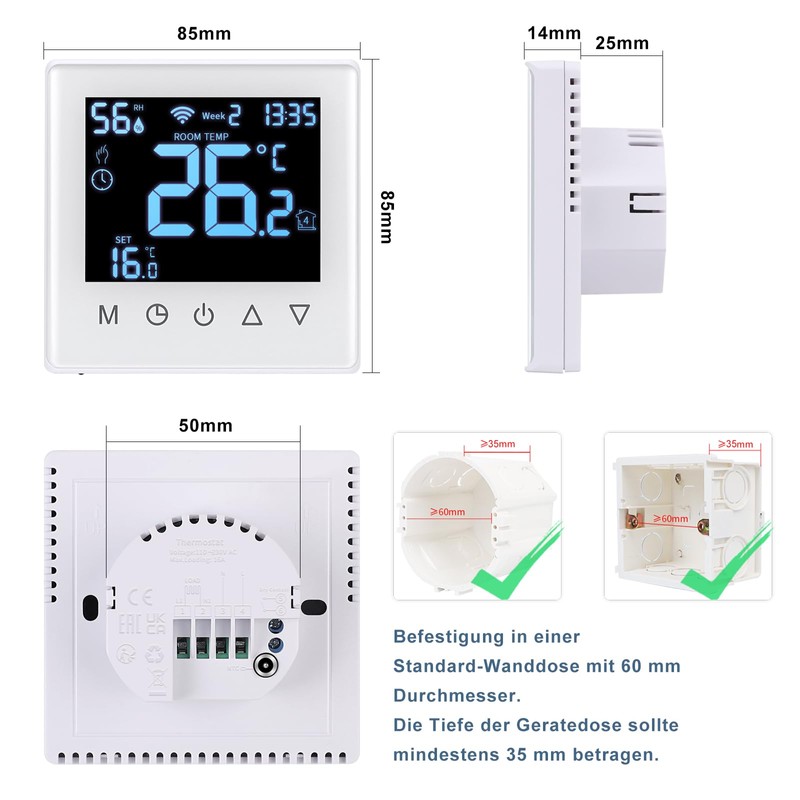 CNBINGO Smart Thermostat Flush-Mounted Boiler WiFi Heating Thermostat Room Thermostat