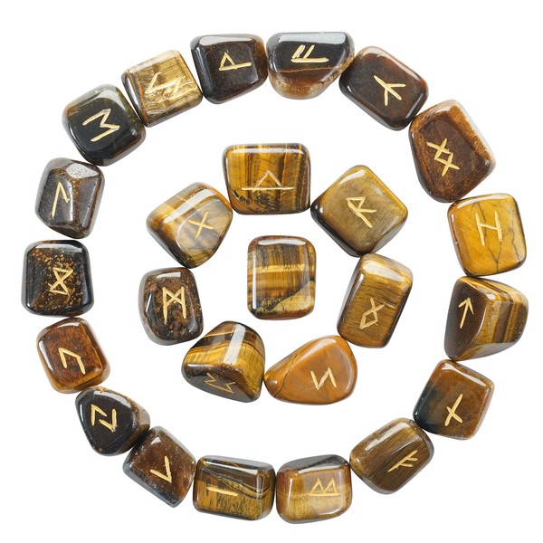 Crocon Tiger Eye Gemstone runes Elder Futhark Alphabet Engraved Symbol Rune Healing Balancing meditation Stones 25 pcs Set crystal rune Home Office Decor. Size: 15-20 mm