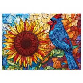 Stained Glass Sunbird Jigsaw Puzzle 1000 Piece for Adult, Colorful Sunflower Bird Art Jigsaw Puzzles, Beautiful Flower Hummingbird Aesthetic Puzzle