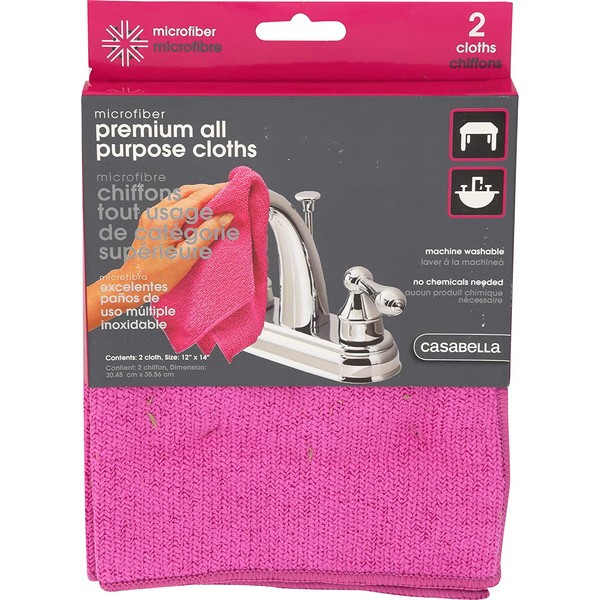 Casabella Microfiber 12" x 14" Cleaning Cloths, (Pack of 2), 1 EA, Magenta All Purpose, 2 Count
