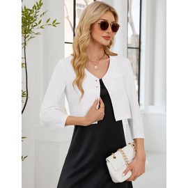 KOJOOIN Blazer Women's Cropped 3/4 Sleeve Bolero Women's Festive Casual Blazer Jacket Elegant Short Cardigan Shrug Top (Reusable Packaging), White, M