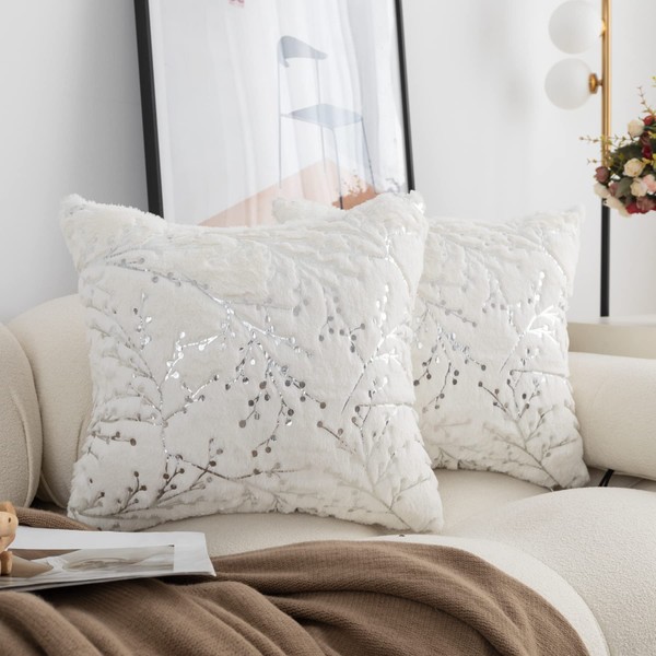 LIGICKY Set of 2 Fluffy White Faux Fur Pillow Covers