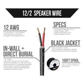 Voltive 12/2 Speaker Wire - 12 AWG/Gauge 2 Conductor - UL Listed in Wall (CL2/CL3) and Outdoor/In Ground (Direct Burial) Rated - Oxygen-Free Copper (OFC) - 100 Foot Spool - Black