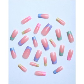 24-Piece Press On Nails Set, Medium Almond French Tips with Silver Glitter and Stars, Pink Nude, Includes Nail Glue and File (Press On Nails Set, 24 Pieces, Square French Tips, Pastel Multicolour)