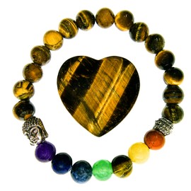 Deep Healing Light 7 Chakras Tiger's Eye Bracelet and Heart Set for Solar Plexus Chakra - All Natural Stone Bracelets and Hearts