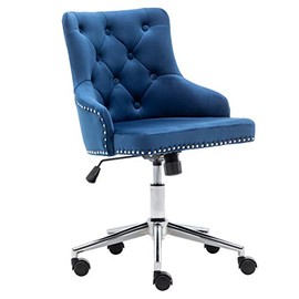 BTEXPERT Blue Home Office Arm Adjustable Velvet Navy Tufted Leisure Chrome Nail Head Trim Upholstery Bedroom Study Desk Task Chair