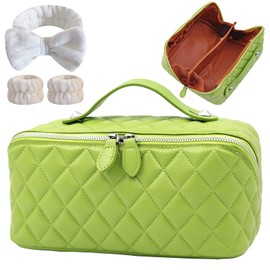 Cuteseason Makeup Bag, Travel Toiletry Bag for Women, Large Capacity Waterproof Rhombus Stitching PU Leather Cosmetic Bags Make Up Organizer Bags with Headband and Wristband Set (Brown)