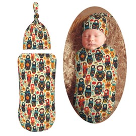 Muishi Boho Russian Dolls Newborn Swaddle Blankets Hat Sets Soft Baby Receiving Blanket Swaddle Sack for Baby Shower Infant Boy Girl Gift