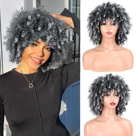 Vitorish Curly Wigs for Women Ombre Grey Afro Bomb Curly Wig with Bangs 10 Inches 230g/Piece Synthetic Fiber Glueless Short Curly Wig Daily Use (Ombre Grey)