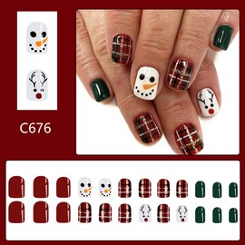 Christmas Press on Nails Short Square Cute Christmas Fake Nails with Designs Snowman Elk Plaid Pattern Christmas Nails Press on Red Green Acrylic Full Cover Christmas Glue on Nails for Women 24PCS