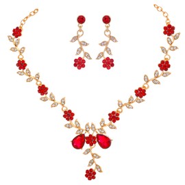 Kamirola Women's Wedding Jewelry Leaf Cluster Flower Crystal Dangle Earrings Pendant Necklace Set for BridalCrystal Bridal Jewelry Set (Gold Red)