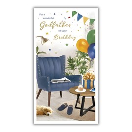 Godfather Birthday Card - Wonderful Godfather - Puppy Dog and Balloons Design - Special Finishes and Illustrated Insert Leaf - Made in the UK