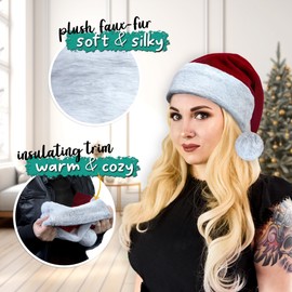 Burgundy Red Santa Hat - Gray Furry Trim, Faux Wolf Fur - Luxury Gothic Christmas, Deluxe Xmas Plush Headwear - Adult, 1 Size