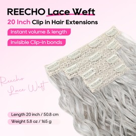 REECHO Curly Hair Extensions, 4PCS 20 inch Clip in Hair Extensions Lace Weft Short Curly Extensions Clip Ins Invisible Natural Hairpieces for Women, Silver Grey